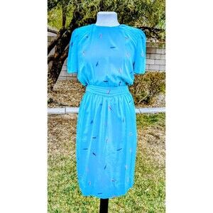 1980s VTG Petites for Maggy Sz4p Aqua Memphis Geometric Midi Korea Dress GUC